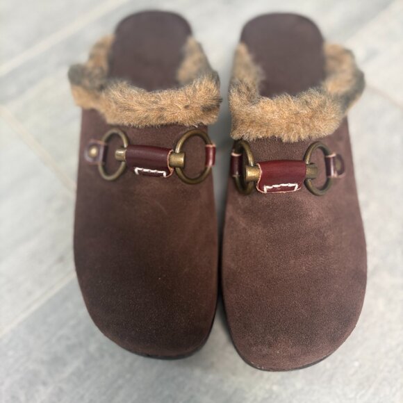 Italian Shoemakers Inc Suede Clog/Mule with Rings & Faux Fur Brown Size 9 - Picture 2 of 7